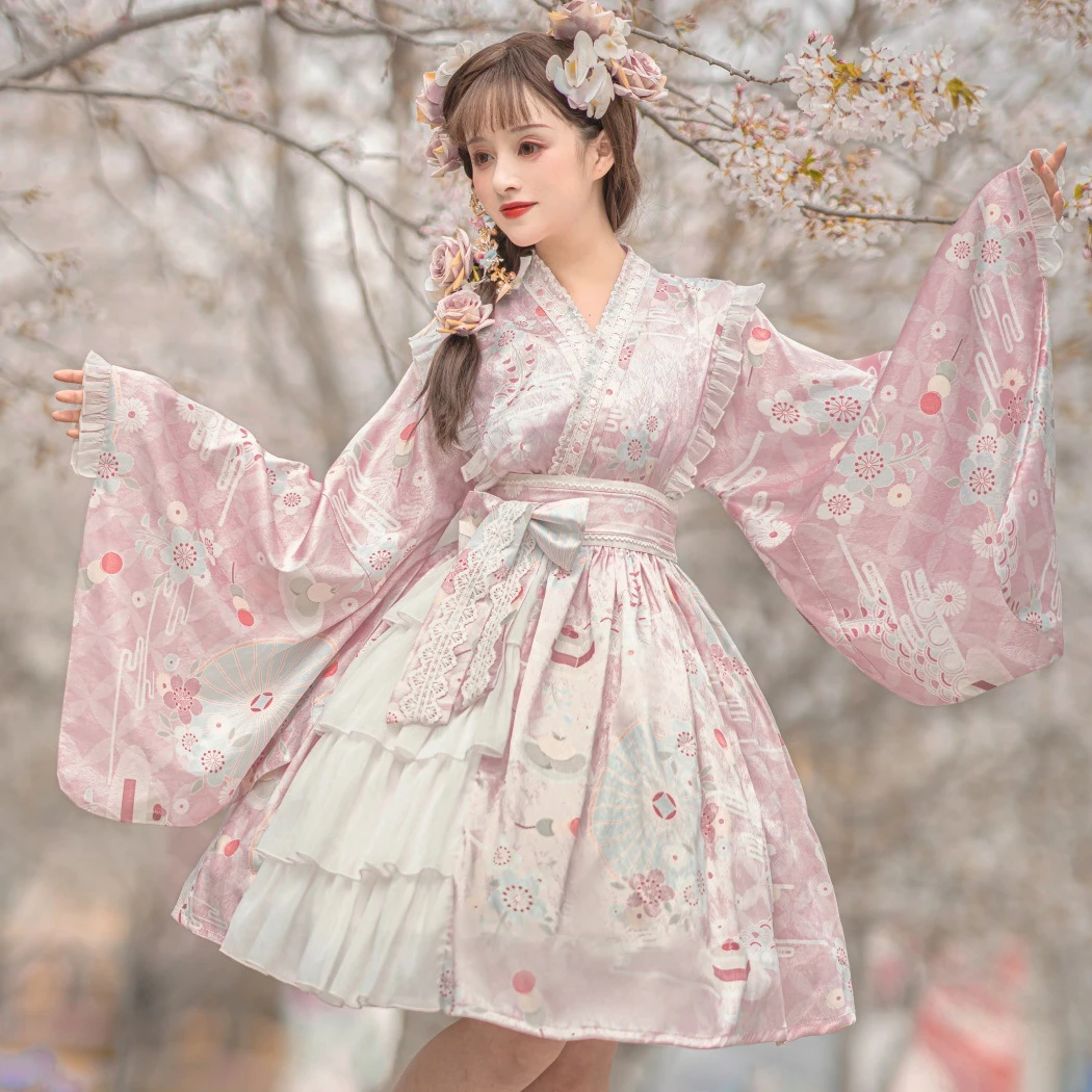 Lolita Šaty Japonský Roztomilý Dievča Šaty Hanfu Retro Sladké Lolita Sady Viktoriánskej Tlač Kawaii Dievča Loli Cos Gothic Lolita Kimono