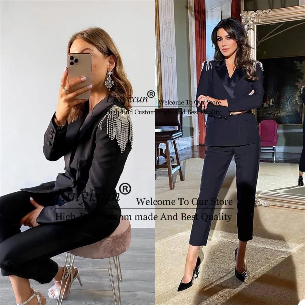 Luxusné Lištovanie 2 Kus Ženy Odevy Vysokej Kvality Zákazku Čierny Oblek Dvojité Breasted Módne Formálne Lady Office Vyhovuje
