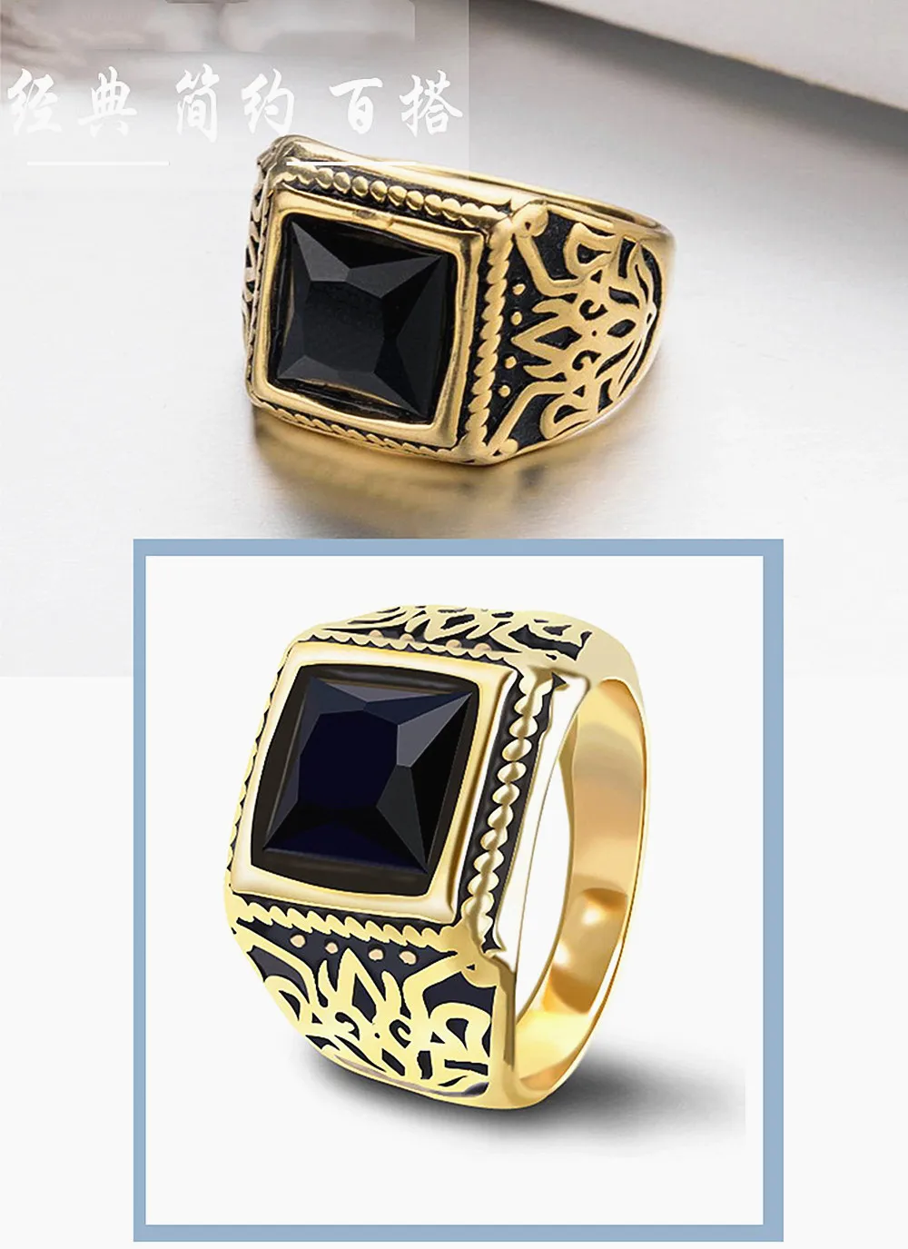 Námestie čierne kamene achát ročníka rezbárskeho prstene pre mužov 18k zlata farba nehrdzavejúcej ocele indickej mužský šperky bague turecko
