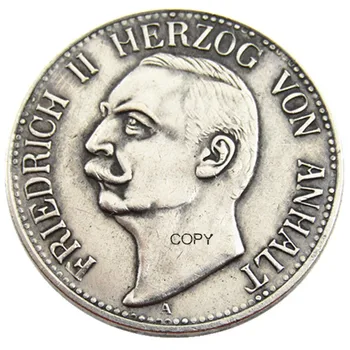 Nemecko,Anhalt 3 Označte 1911 Friedrich II Strieborné Pozlátené Kópiu mince