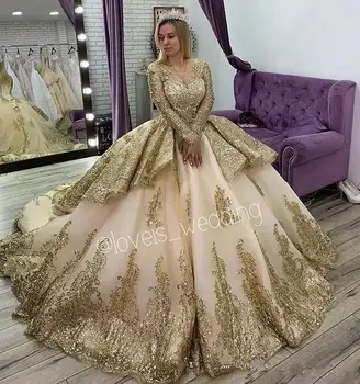 Princezná Zlato Quinceanera Šaty Dlhé Rukávy Nášivka Lištovanie Sweet 16 Šaty Sprievod Plášte vestidos de 15 años 2021