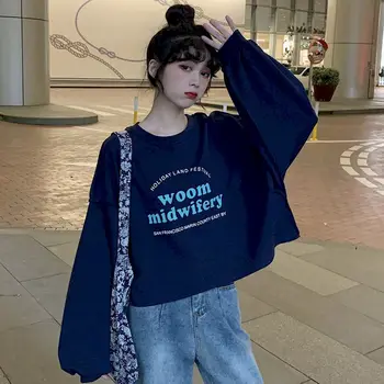 2021 Jeseň Nové Bavlnené Krátke Dlhé rukávy T-shirt Žena kórejská Verzia Voľné Študent Streetwear Ženy Graphic Tee Goth Topy