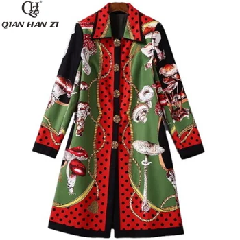 Qian Han Zi módny návrhár bunda vyhovovali nastaviť Ženy tlač Vest šaty+húb tlač crystal Tlačidlá vlnené kabát dve dielna sada