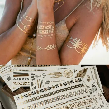 Flash Boho Kovové Zlato Perie Trblietavé Nepremokavé Dočasné Tetovanie Pláži Rameno Telo Členok make-up Umenie Ženy DIY Príslušenstvo