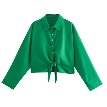 TRAF Ženy Krátke Košele 2021 Lete Zelené Tričká Dlhý Rukáv Top Žena, Elegantné Oblečenie Bowknot Tlačidlá Hore Ženy, Blúzky