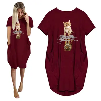 Cat&tiger Tlač Estetické Grafické Ženy Letné Šaty S Vrecku Dámy O Krk Topy Žena Streetwear T Shirt Dress