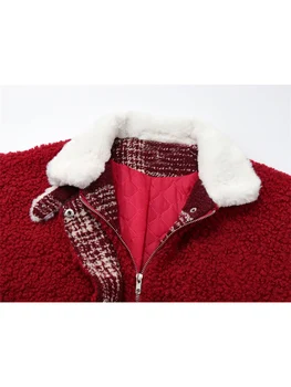 Ženy Patchwork Baránok Vlna Bunda Teplá Pribrala Klope Trendy Vianočný Žena Vintage Príležitostné Voľné Outwear Bavlna-vatovaný Kabát