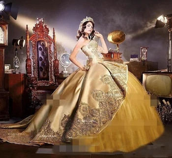 Elegantné Zlaté Nášivka Plesové Šaty Prom Šaty S Odnímateľnou Vlak Milú Quinceanera Plášte Sweet 16 Narodeniny Formálnej Strany