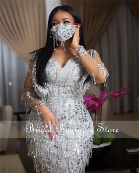 Aso Ebi Afriky Sexy tvaru Večerné Šaty morskej panny Nigérijský Štýl Obyčajné Dlhé Rukávy Prom Šaty Plus Veľkosť Formálne Šaty Flitrami