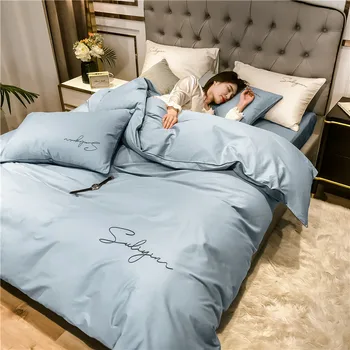 2021 Nové Štyri-dielna posteľná bielizeň jednoduché bavlny, dvojité domácnosti posteľ list deka kryt vyšívané keper pohodlné lôžka šedá, modrá