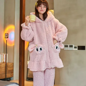 2021 Zimné Ženy Pyžamo Sady Zahustiť Mäkké Teplé Cartoon Králik Hoodies Dospelých Sleepwear Kórejský Voľné Plus Veľkosť Oblečenie Pre Voľný Čas