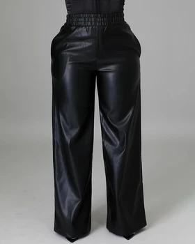 2021 Zimné módne dámske hrubé PU kožené nohavice, vysoký pás bežné Ovčej kože nohavice žena black velvet širokú nohu nohavice