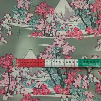 Klasické Japonské Fujiyama S Sakura Cherry Kvety Kvetov Vytlačené Bavlna Spandex Textílie Pre DIY Šitie Handričkou Šaty Domov Deco