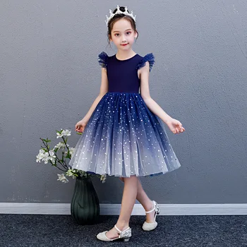Kvetina Dievča Šaty je Yiiya B099 Royal Blue Gradient Dievčatá Princezná Šaty 2020 Elegantné O-krku bez Rukávov Sprievod Plášte