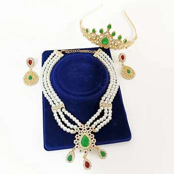 Arabská Nevesta Koruny Náhrdelník Nastaviť Svadobné Šaty Lady Šperky Marocký Módne Zlaté Šperky Perlový Náhrdelník Náušnice Set Šperkov
