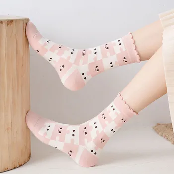 Japonský štýl roztomilý smajlík ružová naberaný ponožky kawaii calcetines mujer ženy chaussette femme harajuku módne dlhé bavlnené ponožky