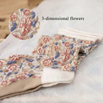 2021 Nový Kórejský Naberaný Ponožky Vysoké Ženy Kvety Vyšívané Pančuchový Tovar Módne Žena Ponožka Bežné Harajuku Príslušenstvo
