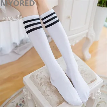MYORED candy farebné pruhy bavlna sexy dámske dlhé ponožky štýl strana street dancing koleno ponožka