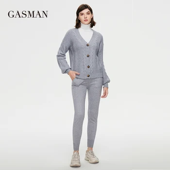 GASMAN Nové 2021 dva-dielna sada pre ženy Cardigan sveter nohavice Biele módy ženy značky jeseň nastaviť teplé vysokej qualityGT002-1