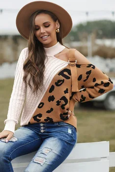 Fitshinling Jedného Pleca Vintage Sveter Ženy Oblečenie Leopard Patchwork Slim Módne Jumper Jeseň Nový Pletený Pulóver Predaj
